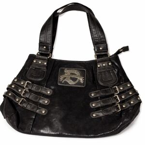 Dereon Black Studded Faux Leather Shoulder Bag with Buckle Straps And Studs.